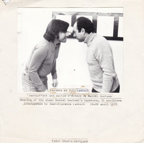 Michel Cardena, 'Cardena et J.C. Lambert rechauffent une partie d'échecs de Marcel Duchamp. Opening of the show: Marcel Duchamp's Backbone, 31 positions interpreted by Jean-Clarence Lambert', 15-28 april 1973 Rozenstraat